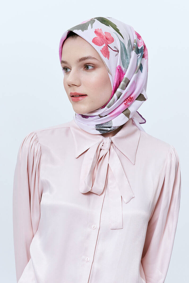 Çiçek Desenli Suluboya Twill Eşarp - Açık Pembe - 2