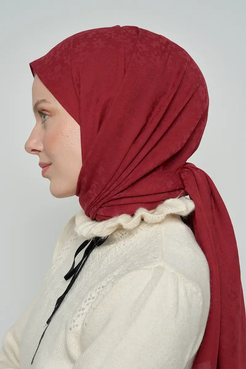 Pamuklu Şal Çiçek Desen - Bordo - 3